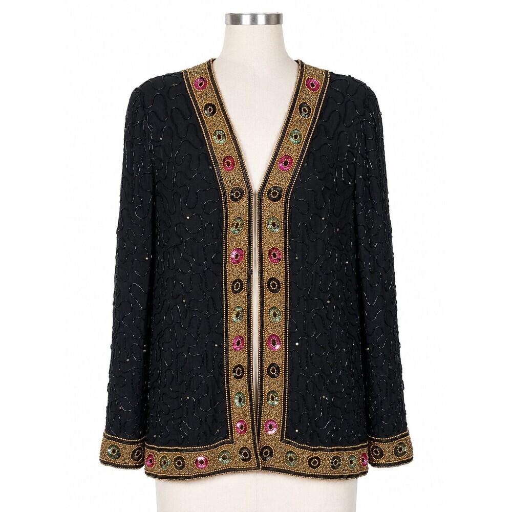 Women's 100% Silk Beaded Jacket Blazer Size XL Black Gold Sequin